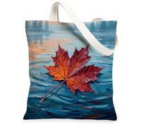 Leaf Canvas Tote Bag for Women, Fall Nature Water Raindrops Fall Orange Washable Reusable Grocery Bag for Shopping Brunch Park Library Day Trips 13x15 Inch