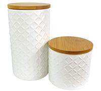 Set of Two Ceramic Jars Embossed Cream Canisters with Lids