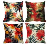 Leaf Cushion Covers Set of 4, Soft Decorative Pillows Red Sofa Cushions Square Sofa Pillows Pattern Design with Invisible Zipper for Couch Sofa Bedroom Living Room Decor Spring 55cm x 55cm -lsy2504N7