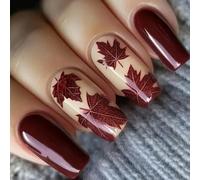 Leaf Design Press On Nails Set Of 24 Glossy Wine Red Long Coffin Nails Art For Parties Weddings Autumn Maple Leaf Nail