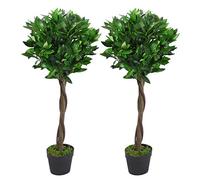 Leaf Pair Of 90Cm (3Ft) Twisted Stem Artificial Topiary Bay Laurel Ball Trees, Green