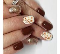 Leaf Glossy Press On Nails Short Square Shimmering Brown 24Pcs Autumn Winter False Nails Not Require Tools