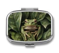 Leaf Green Frog Pill Case Box with 2 Compartment Medicine Vitamin Organizer for Purse Pocket 5.5x4cm