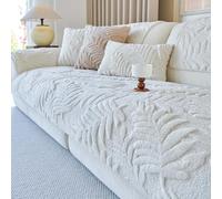 Leaf Jacquard Plush Sofa Cover, Non Slip Cushion Cover, Washable Durable Soft Warm Winter Furniture Protector for 1-4 Seats White 90x90cm