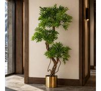 Leaf Large Artificial Potted Tree Japanese Fruticosa Ficus Gold Metal Planter 140Cm Botanik