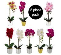 Leaf Pack of 8 Artificial Orchids in Silver Pots in Green Leaf Green