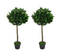Leaf Pair Of 90Cm (3Ft) Plain Stem Artificial Topiary Bay Laurel Ball Trees, Green