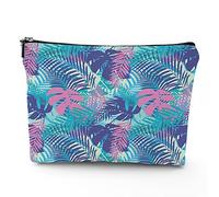 Leaf Pattern,Linen Makeup Bags for Women,Flowers and Leaves,Cosmetic Bag Toiletry Bag Travel Case Waterproof,Makeup Pouch Bag for Purse,Blue Pink,7x9in
