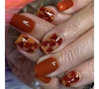 Leaf Pattern Shiny Artificial Nails Tips Short Rectangular Artificial Fingernails Press On Tips 24 Pieces No Glittering False Fingernail Autumn Orange