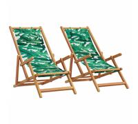 vidaXL Folding Beach Chairs 2 pcs Leaf Pattern Fabric and Solid Wood - Green, Green