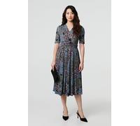 Leaf Print 1/2 Sleeve Faux Wrap Midi Dress Izabel London Blue 14