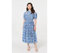 Leaf Print 1/2 Sleeve Midi Shirt Dress Izabel London Blue 14