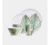 16Pc Dishwasher Safe Leaf Print Melamine Dinnerware Set VonShef White 16 Pack