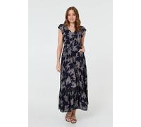 Leaf Print Shirred Lace Trim Maxi Dress Izabel London Blue 14