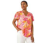 Leaf Print Shirred V-Neck Top Roman Pink 14