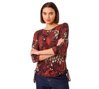 Roman Originals Leaf Print Side Tie Stretch Top for Women UK - Ladies Everyday Autumn Winter Round Neckline Comfy Soft Evening Vacation Work Party Night Out - Orange - Size 20