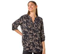 Leaf Puff Print Button Front 3/4 SleeveTop Roman Beige 10