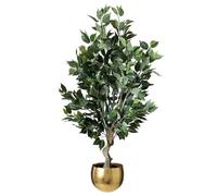 Leaf Realistic Artificial Tree with Planter, Mixed Materials, Dark Bushy Ficus Gold Curve, 100cm
