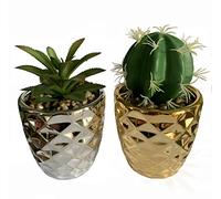 15cm Set of Two Silver and Gold Ceramic Planters with Artificial Cactus and Dracaena Leaf Silver One Size