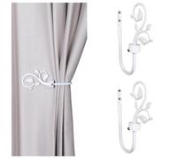 Leaf Shaped Curtain Holdbacks 2pcs, Handmade Metal Curtain Holders for Wall, Antique Brass Curtain Tieback Hook Pull Backs for Drapes Window Home Decoration (White)