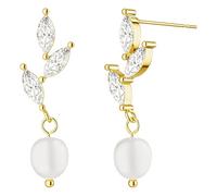 Leaf-Shaped Simulated Pearl Earrings, 14K Gold Plating Bridesmaid Earrings with Zirconia, Refined Design, Includes Box, Ideal for Special Occasions