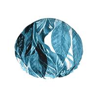 Leaf Shower Cap,Watercolor Blue Leaves Pattern Jungle Waterproof Double Layer Bath Caps Perfect For All Hair Lengths And Thicknesses