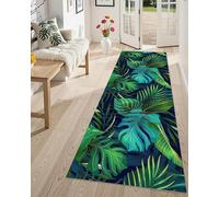 Leaf Washable Rug Runner,65x300cm, Summer Fresh Palm Leaves Tropical Green Blue Entrance Rugs Kitchen Carpet Runner, Non-Slip Monstera Plant Non-Shedding Accent Mat for Hallway Bedroom Closet