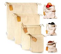 Leafico Muslin Cloth Bags with Drawstrings - Set of 8 (S, M, L, XL) - Reusable Natural Cotton Bags for Bulk Food Storage - Canvas Fabric Sachets
