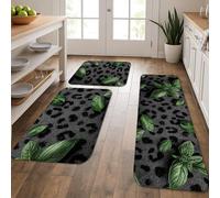 Leafy Kitchen Mats for Floor, Black and Green Botanical Design Soft Mats, Cushioned Comfort Washable Non Slip Decor Rugs for Kitchen Sinks Laundryroom Bathroom 3Pcs