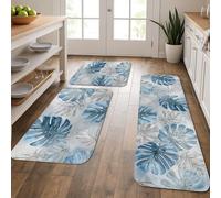 Leafy Kitchen Mats for Floor, Blue Tropical Botanical Soft Mats, Cushioned Comfort Washable Non Slip Decor Rugs for Kitchen Sinks Laundryroom Bathroom 3Pcs