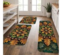 Leafy Kitchen Mats for Floor, Green and Yellow Nature Inspired Soft Mats, Cushioned Comfort Washable Non Slip Decor Rugs for Kitchen Sinks Laundryroom Bathroom 3Pcs