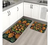 Leafy Kitchen Mats for Floor, Green and Yellow Nature Inspired Soft Mats, Cushioned Comfort Washable Non Slip Decor Rugs for Kitchen Sinks Laundryroom Bathroom 2PCS