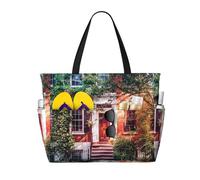 Leafy Townhouses Print Large Waterproof Beach Tote Bag for Women with Zip and Pockets Foldable Handbag for Travel Pool Shopping Holiday Gym