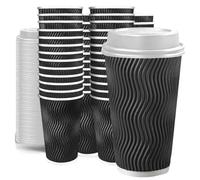 LEAGIM 100 Set - 16 oz Coffee Cups with Lids, Disposable Insulated Corrugated Paper Cups, Double Wall Ripple To Go Cups for Hot Drinks, Chocolate, Cocoa (Black)
