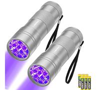 LEAGY 2 Pack 12 LED 395nm Mini UV Flashlights with Batteries - Pet Urine Detector, for Counterfeit Detection, Banknotes, Document Verification etc (Silver)