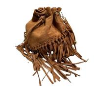 LeahWard Suede Drawstring Bucket Bag with Fringe Detail, Italian Suede Leather Cross Body Bag, Boho Style (Brown)