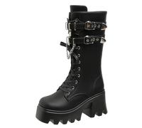 LeaHy Women Ankle Boots Autumn Winter PU Goth Punk Platforms Wedge Lace Up Ankle Boots,Black,6 UK