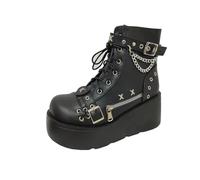 LeaHy Women Ankle Boots Goth Punk Buckle Chain Lace Up Boots Platforms Wedge High Heel Boots,Black,2 UK