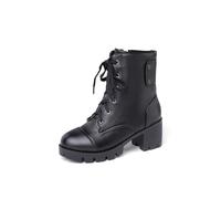 LeaHy Women Lace Up Ankle Boots Retro PU Leather Platforms Low Heel Chunky Heel Side Zip Biker Military Combat Boots,Black,5 UK