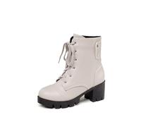 LeaHy Women Lace Up Ankle Boots Retro PU Leather Platforms Low Heel Chunky Heel Side Zip Biker Military Combat Boots,Beige,9 UK