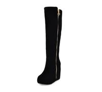 LeaHy Womens Boot Winter Suede Platforms Wedge High Heeled Boots Fashion Side Zip Mid Calf Boot,Black,7 UK