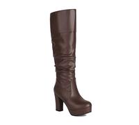 LeaHy Women's Knee High Boot Fashion PU Leather Platforms Block Heel Stretchy High Heeled Boots Mid Calf Boots,Brown,4 UK