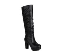 LeaHy Women's Knee High Boot Fashion PU Leather Platforms Block Heel Stretchy High Heeled Boots Mid Calf Boots,Black,6 UK