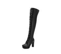 LeaHy Womens Lace Up Boots Ladies Autumn/Winter PU Leather Platforms Over The Knee Long Boots,Black,12 UK