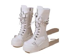 LeaHy Women's Lace-Up Combat Boot Platforms Wedge Goth Punk Side Zipper Combat Military Ankle Boots,White,7 UK