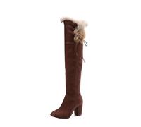 LeaHy Women's Over Knee Stretch Boots Fashion Winter Warm Suede Fur Lined Snow Boots High Heeled Long Boots,Brown,4 UK
