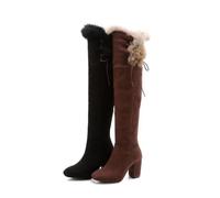 LeaHy Women's Over Knee Stretch Boots Fashion Winter Warm Suede Fur Lined Snow Boots High Heeled Long Boots,Black,5 UK