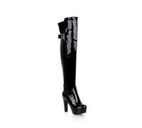LeaHy Women's Platforms High Heel Boots Autumn/Winter Patent Leather Fashion Buckle Over Knee High Stretch Boots,Black,4 UK