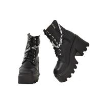 LeaHy Women's Platforms Wedge Heel High Heel Ankle Strap PU Chain Side Zip Biker Military Combat Boots,Black,6 UK