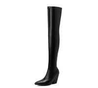 LeaHy Women's Thigh High Boots Warm Winter PU Low Block Heel Pointed Toe Over The Knee Boots,Black,5 UK